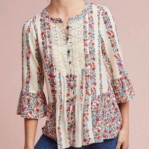 Anthropologie Maeve Hiver Floral Peasant Blouse with Lace Womens Size 2